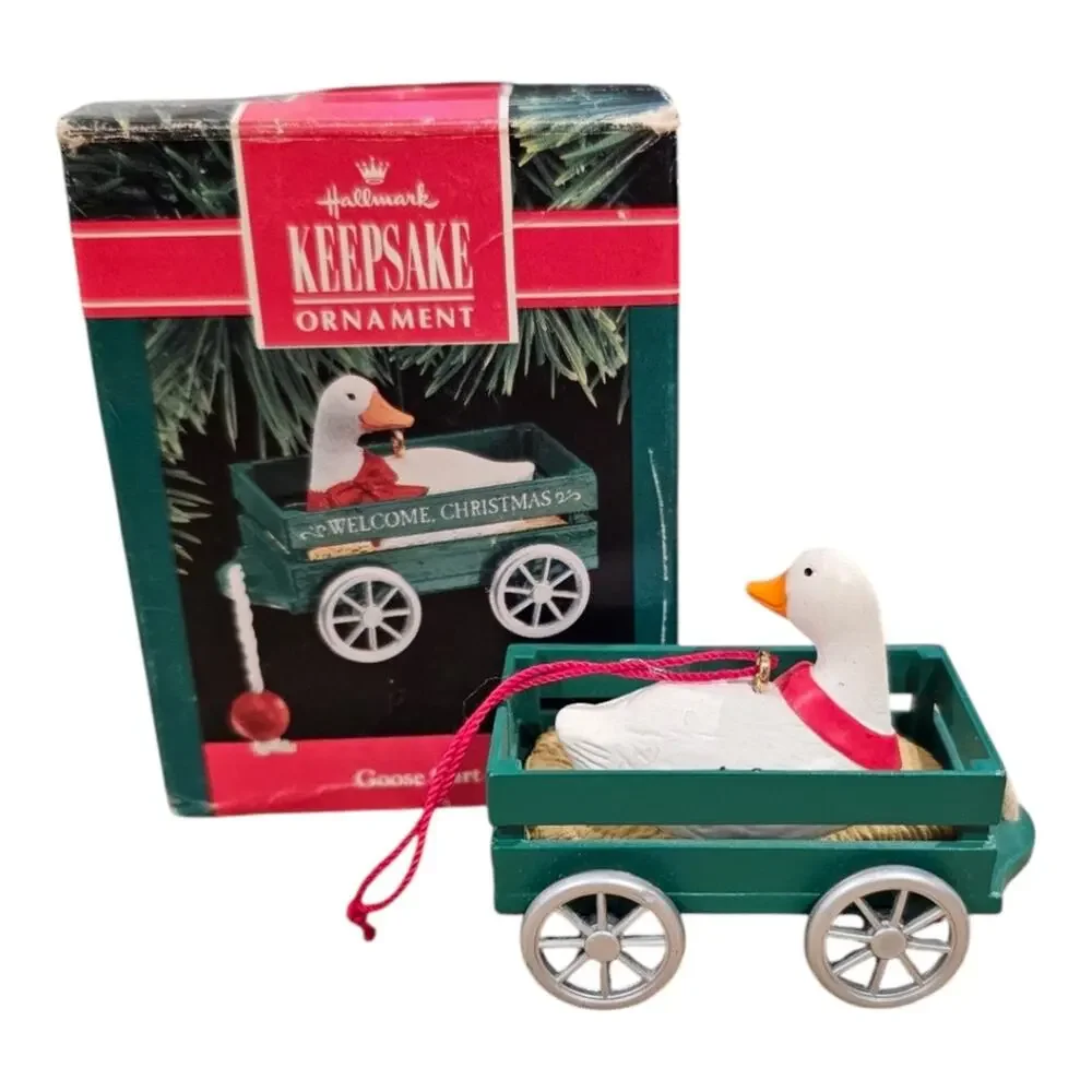 1990 Goose Cart with Welcome Christmas on Wagon Hallmark Ornament in Orig. Box
